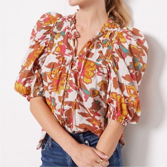 Cleobella Tops - Cleobella Zola Blouse in Shea Floral Aurora Puff Sleeve Pleated Ruffled Top sz L